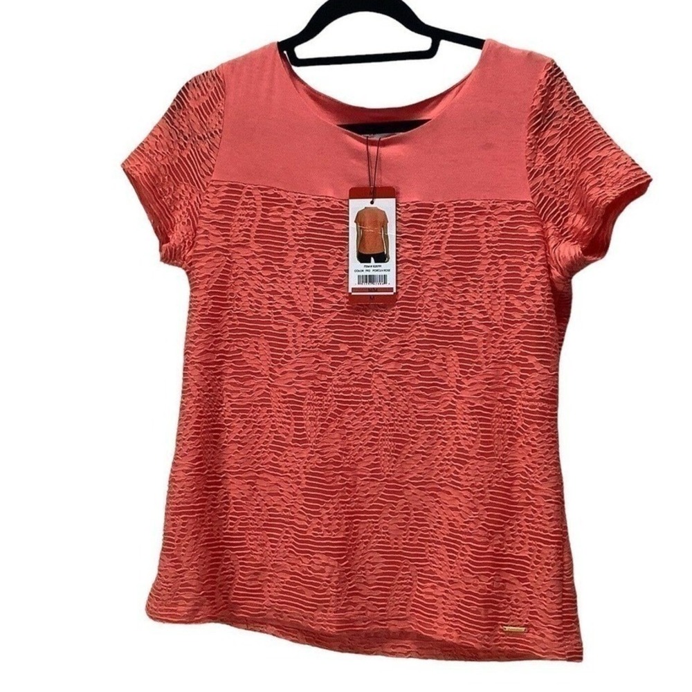 Calvin Klein‎ Stretch Textured Tee Relaxed Fit Coral Medium Woman Orange 2 Layer